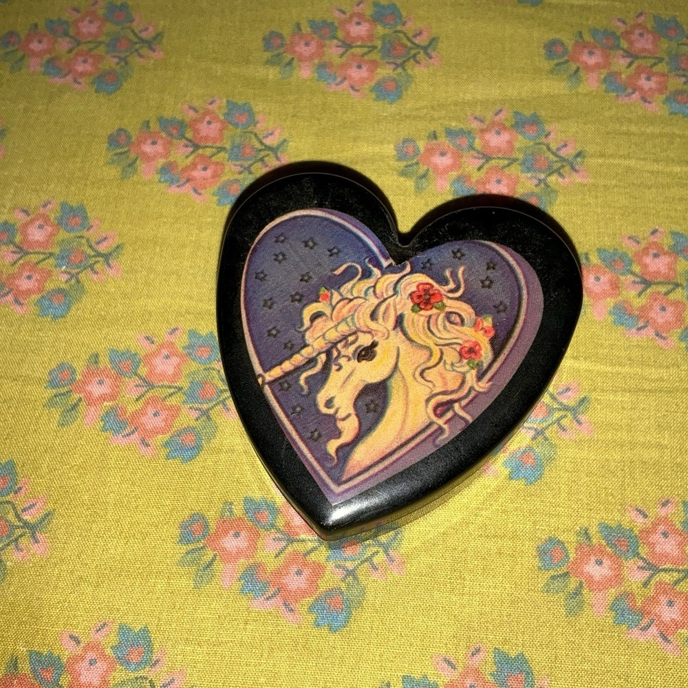 Vintage 1960s Heart Shapes Black Unicorn Small Trinket Box
